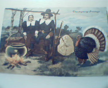 Thanksgiving Greetings with Pilgrims & Turkey