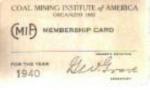 1940 Coal Mining Inst Membership Card unsignd